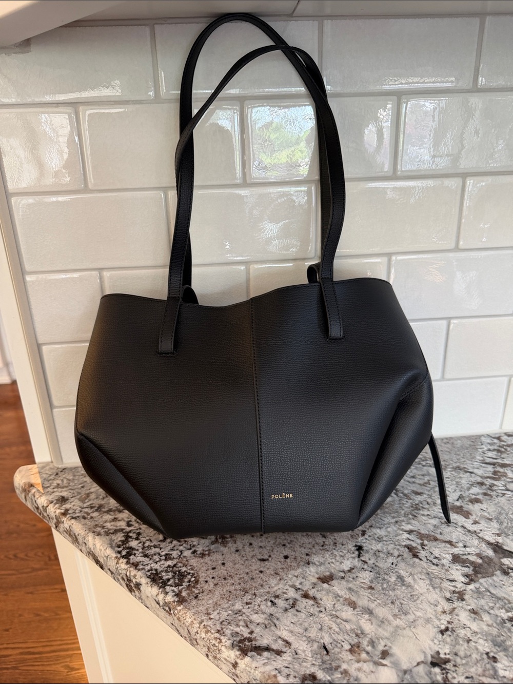 Polene cyme mini Black Leather Tote Bag